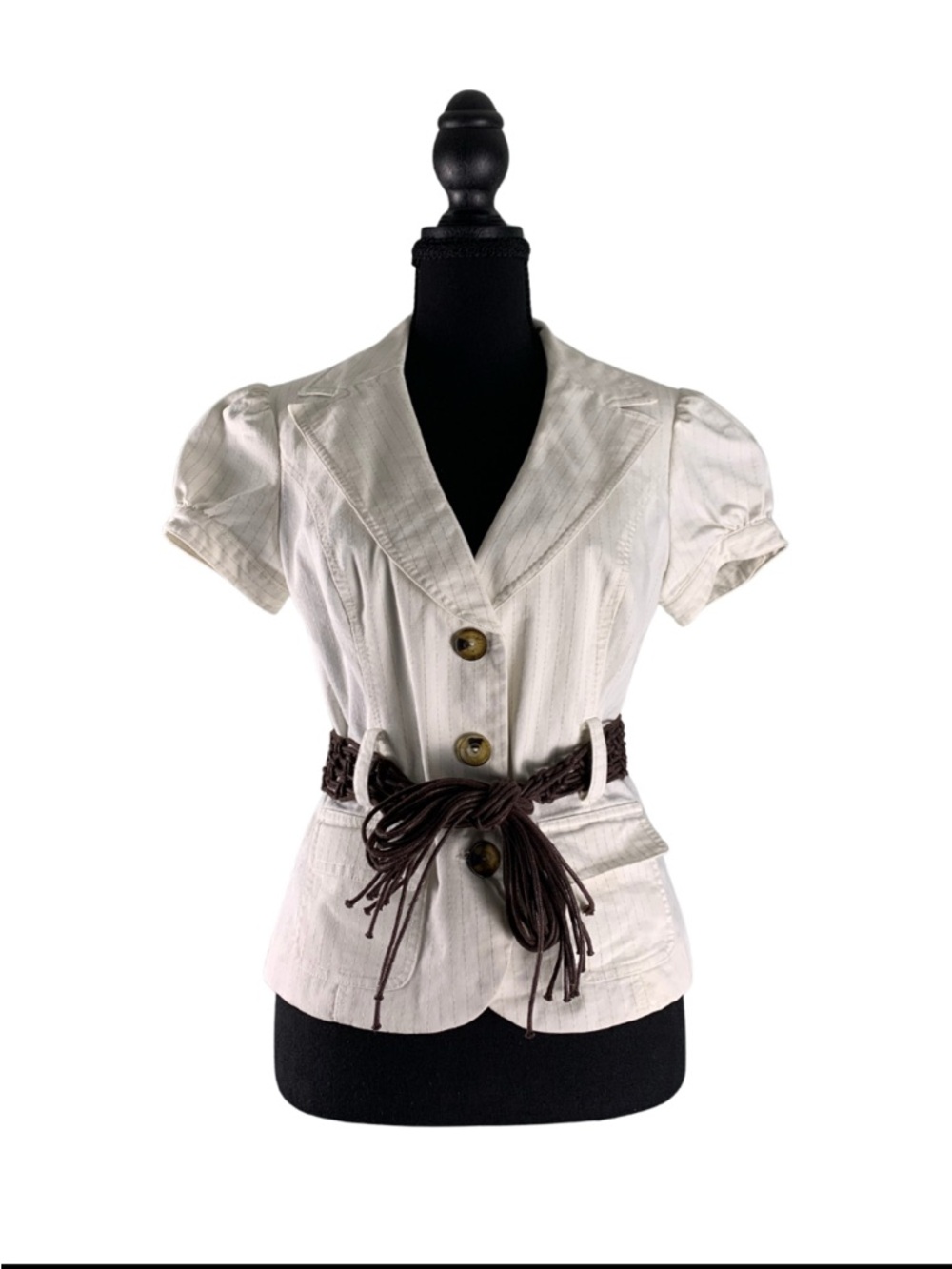 White Short-Sleeve Button Front Top with Brown Tie Belt Byer California Women L